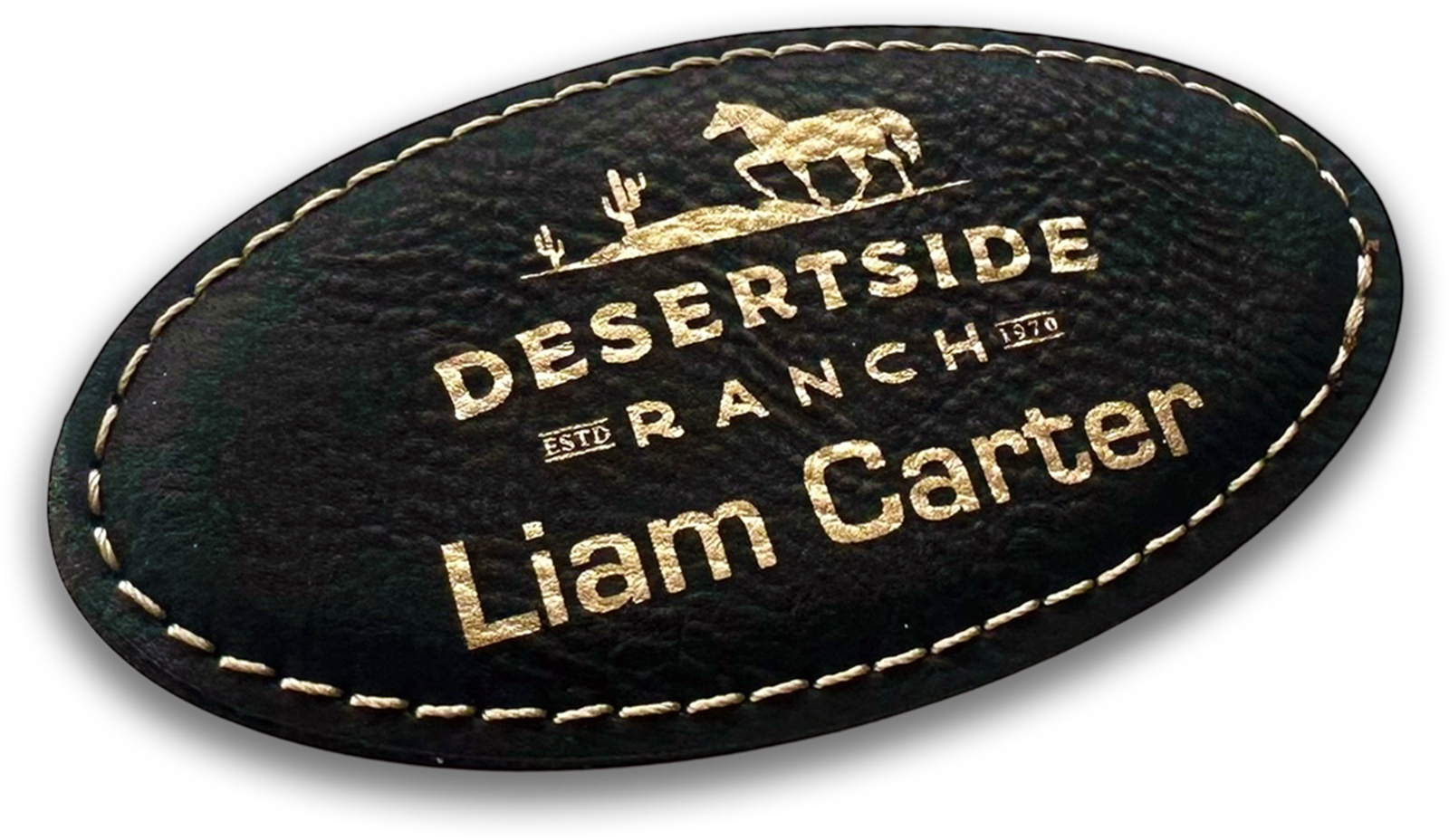 black leather oval custom name tag