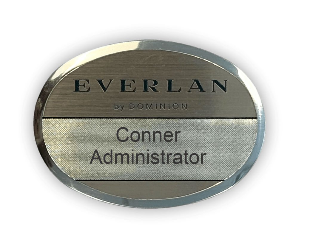 silver oval metal beveled custom name tag