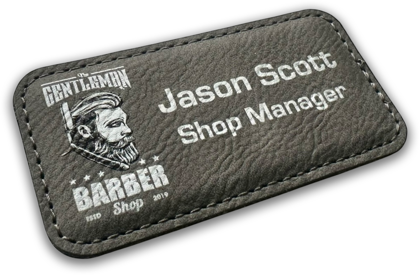 gray leather rectangle custom name tag