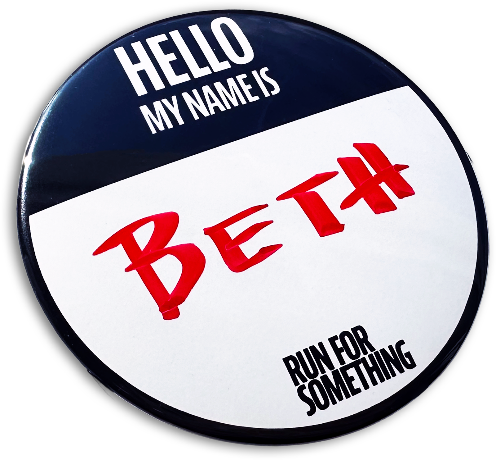 white and black round custom button name tag
