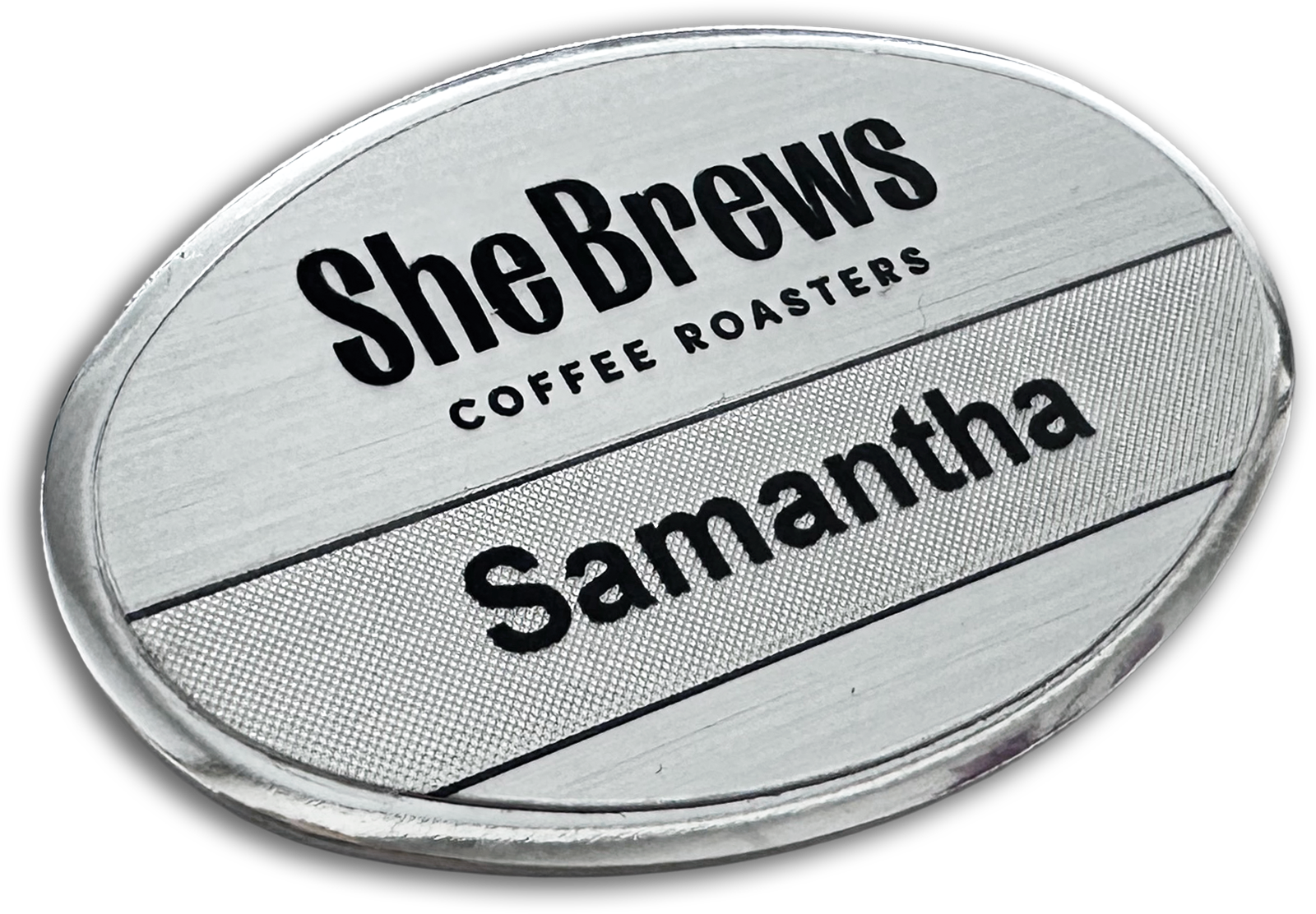 silver classic beveled metal oval custom name tag