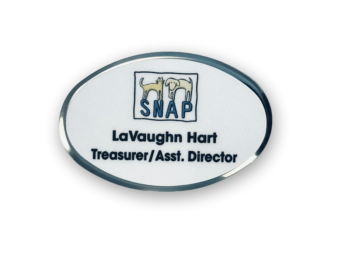 silver oval metal beveled custom name tag