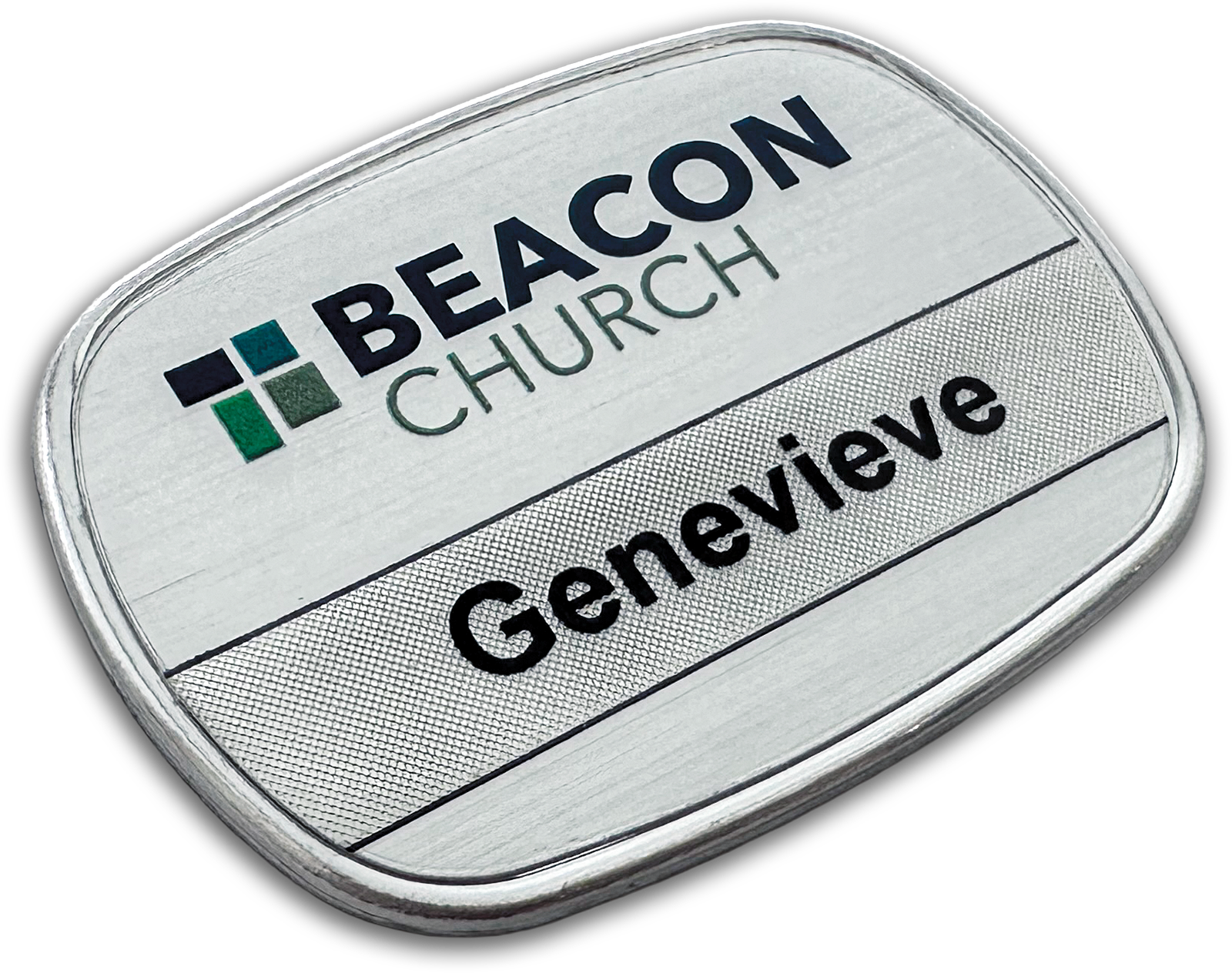 silver beveled metal specialty tv custom name tag