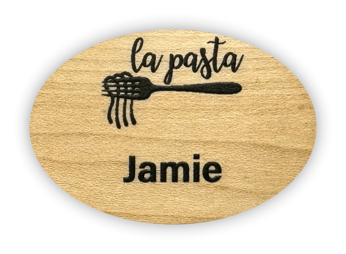 light maple wood oval custom name tag