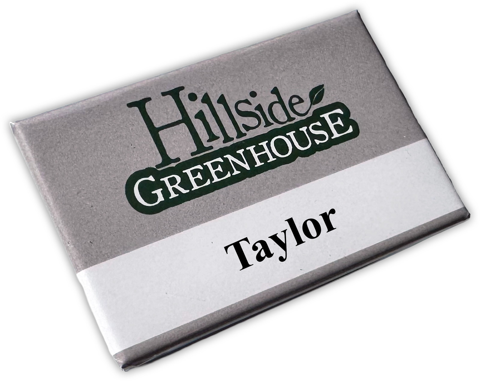 silver and white rectangle custom button name tag