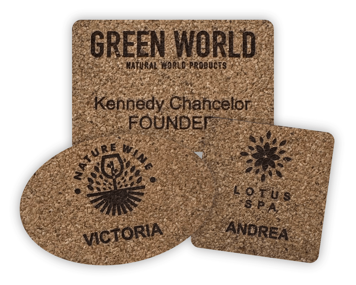 2 cork name badges layered on top of one another