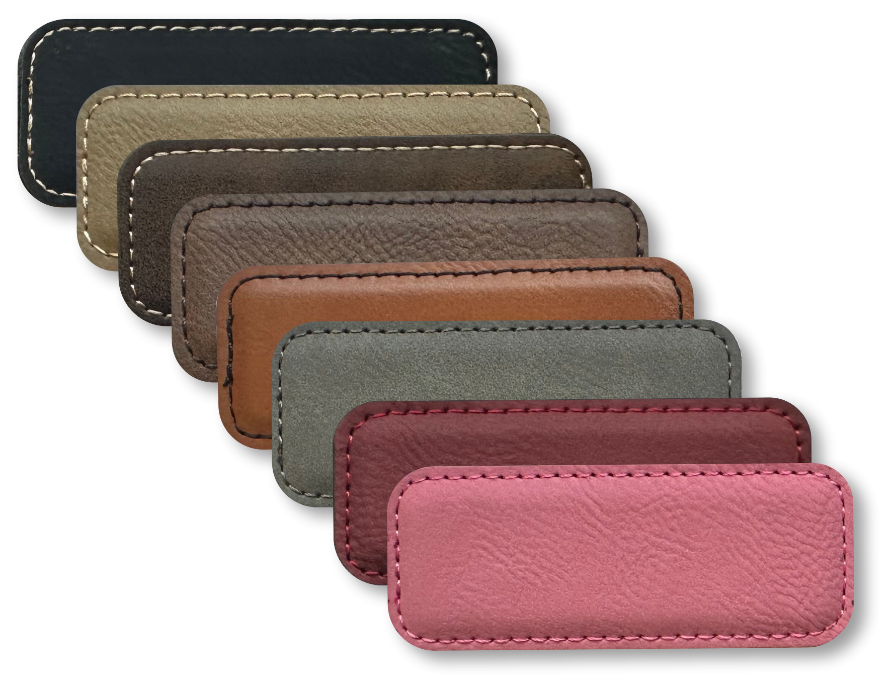 Eight leather name tag blanks in black, tan, light brown, rustic, grey, rawhide, rose, and pink narrow rectangles