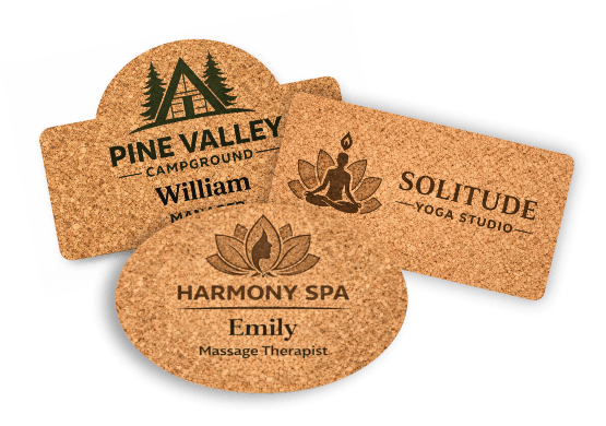 2 cork name badges layered on top of one another